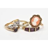 FIVE RINGS, to include four 9ct gold rings, all with 9ct hallmarks, the first a cameo ring, the