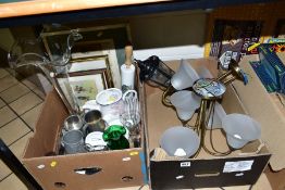 TWO BOXES OF CERAMICS, GLASS, PICTURES, CEILING LIGHTS, etc, to include Noritake part teaset 'New