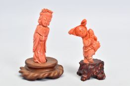 TWO CARVED CORAL FIGURES, each carved to depict and Oriental figure, the first depicting a female in