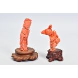 TWO CARVED CORAL FIGURES, each carved to depict and Oriental figure, the first depicting a female in