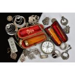 A SELECTION OF MAINLY SILVER AND WHITE METAL JEWELLERY, to include a pair of marcasite clip