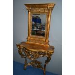 A REPRODUCTION CONTINENTAL GILT AND FIBRE GLASS CONSOLE TABLE, with foliate scrolls decoration,