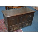 AN EARLY 18TH CENTURY AND LATER OAK TRIPLE MULE CHEST above two short drawers with brass swan neck