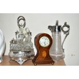 A FIVE BOTTLED PLATED CRUET STAND, an etched claret jug with plated handle and lid, height 29cm, a
