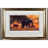 ROLF HARRIS (AUSTRALIAN 1931) 'BACKLIT GOLD' a limited edition print of elephants 131/195, signed to
