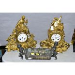 TWO 19TH CENTURY FRENCH GILT CLOCKS, both with enamel white dial and Roman numerals, (missing
