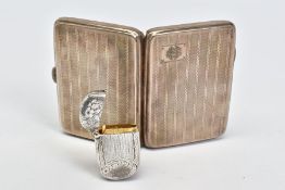 TWO ITEMS to include a silver cigarette case, engine turned decoration and engraved 'SH' measuring