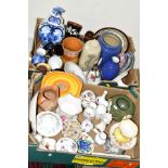 TWO BOXES OF ASSORTED CERAMICS to include Royal Barum ware hand decorated bulbous bowl and similar
