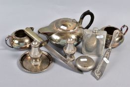 A BOX OF SILVER PLATE ETC, to include tea wares, hip flask, bayonet, etc