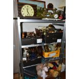 FIVE BOXES AND LOOSE SUNDRY ITEMS to include brass horse and chariot clock, wall mounted brass bell,
