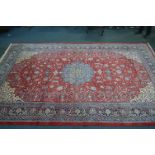 A LARGE LATE 20TH CENTURY 100% WOOLLEN SAROUK RED AND BLUE GROUND CARPET SQUARE, marked to underside