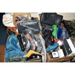 THREE BOXES AND LOOSE HANDBAGS, SHOULDER BAGS, READING GLASSES AND NOVELTY ITEMS, to include
