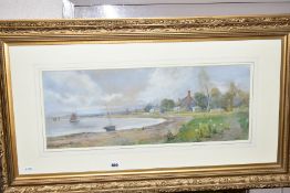 JAMES HUGHES CLAYTON (1870-1930) 'COASTAL LANDSCAPE', cottages and boats along the shoreline, signed