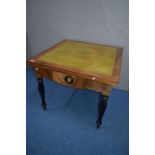 A 19TH CENTURY AND LATER WALNUT AND INLAID DRAW LEAF TABLE, with lime green and gilt tooled
