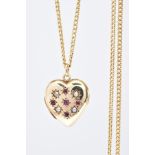 A 9CT GOLD HEART LOCKET AND CHAIN, the heart locket set with red gems, assessed as rubies and