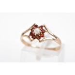 A MODERN CULTURED PEARL AND GARNET SMALL CLUSTER RING, ring size P, hallmarked 9ct gold,