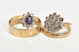 FOUR 9CT GOLD RINGS, to include an amethyst and cubic zirconia oval cluster ring, ring size M, cubic