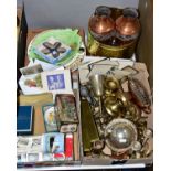 TWO BOXES AND LOOSE SUNDRY ITEMS, A FRAMED OIL ON CANVAS ETC, to include metalwork, commemorative