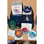 FIVE BOXED CAITHNESS LIMITED EDITION PAPERWEIGHTS, 'Comet' No2153/3000, 'Vortex' (blue) No87/