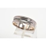 A MODERN 18CT WHITE GOLD AND BLACK DIAMOND BAND RING, estimated black diamond weight 0.10ct, a