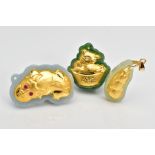 THREE JADE PENDANTS, designed as carved polished shapes with embossed yellow metal panels to one