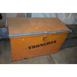 A METAL STRONG BOX TRUNK, width 98cm x depth 46cm x height 61cm