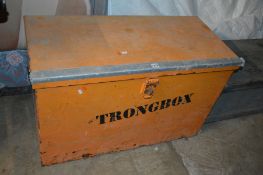 A METAL STRONG BOX TRUNK, width 98cm x depth 46cm x height 61cm