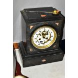 A SLATE MANTEL CLOCK, with white enamel dial, Roman numerals, of rectangular form with mother of