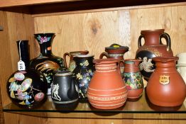 A GROUP OF TERRACOTTA AND OTHER JUGS, VASES, etc, to include a Bulbous vase, with enamelled Oriental