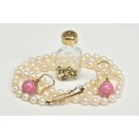 THREE ITEMS, to include a single row cultured pearl necklace, clasp stamped 9k, a pair of