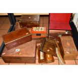 A GROUP OF WORK BOXES etc, to include tea caddies, writing slopes, sewing box, crumb scoop and tray,