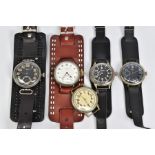 A MIXED GROUP OF FIVE POCKET WATCHES, converted for wrist use, movements signed by Tissot, Omega and