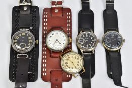 A MIXED GROUP OF FIVE POCKET WATCHES, converted for wrist use, movements signed by Tissot, Omega and