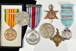 A SELECTION OF MEDALS, to include a long service medal and ribbon, A Royal Military Police medal,