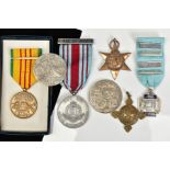 A SELECTION OF MEDALS, to include a long service medal and ribbon, A Royal Military Police medal,