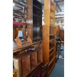 A MODERN PINE BOOKCASE, height 90cm, an oak bookcase, height 105cm, an open oak bookcase, height