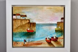 KEITH ATHAY (BRITISH CONTEMPORARY) 'BOATS IN HARBOUR', a coastal harbour scene, signed lower left,
