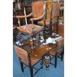 AN EARLY 20TH CENTURY OAK DRAW LEAF TABLE on an acorn base united by a stretcher, 91cm squared x