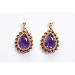 A PAIR OF 9CT GOLD AMETHYST DROP EARRINGS, each designed as a pear shape amethyst within a double