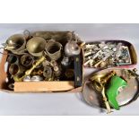 A BOX OF METALWARES, including brass candlesticks, Castrol oil jug, silver plate, etc (quantity)