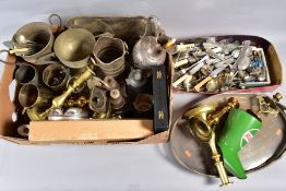 A BOX OF METALWARES, including brass candlesticks, Castrol oil jug, silver plate, etc (quantity)