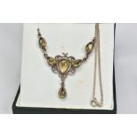 A CITRINE NECKLACE, the front panel designed as a triangular scrolling panel collet set with pear
