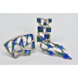 THREE SILVER DAVID LAWRENCE SILVER ENAMELLED BROOCHES, various designs each in blue and green