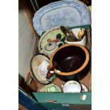 ONE BOX AND LOOSE OF CERAMICS, CUTLERY ETC, to include a treen salad bowl etc, two blue and white
