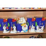 FIVE BOXED COALPORT THE SNOWMAN CHARACTER FIGURES, exclusively to H. Samuel, 'Pulling a Cracker' (