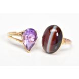 TWO GEM SET RINGS, the first set with an oval agate cabochon, stamped 9ct, ring size O, the second a