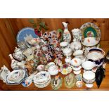 A GROUP OF CERAMIC ORNAMENTS, JUGS, PLATES, VASES, etc, to include Masons lustre jugs 'Paynsley