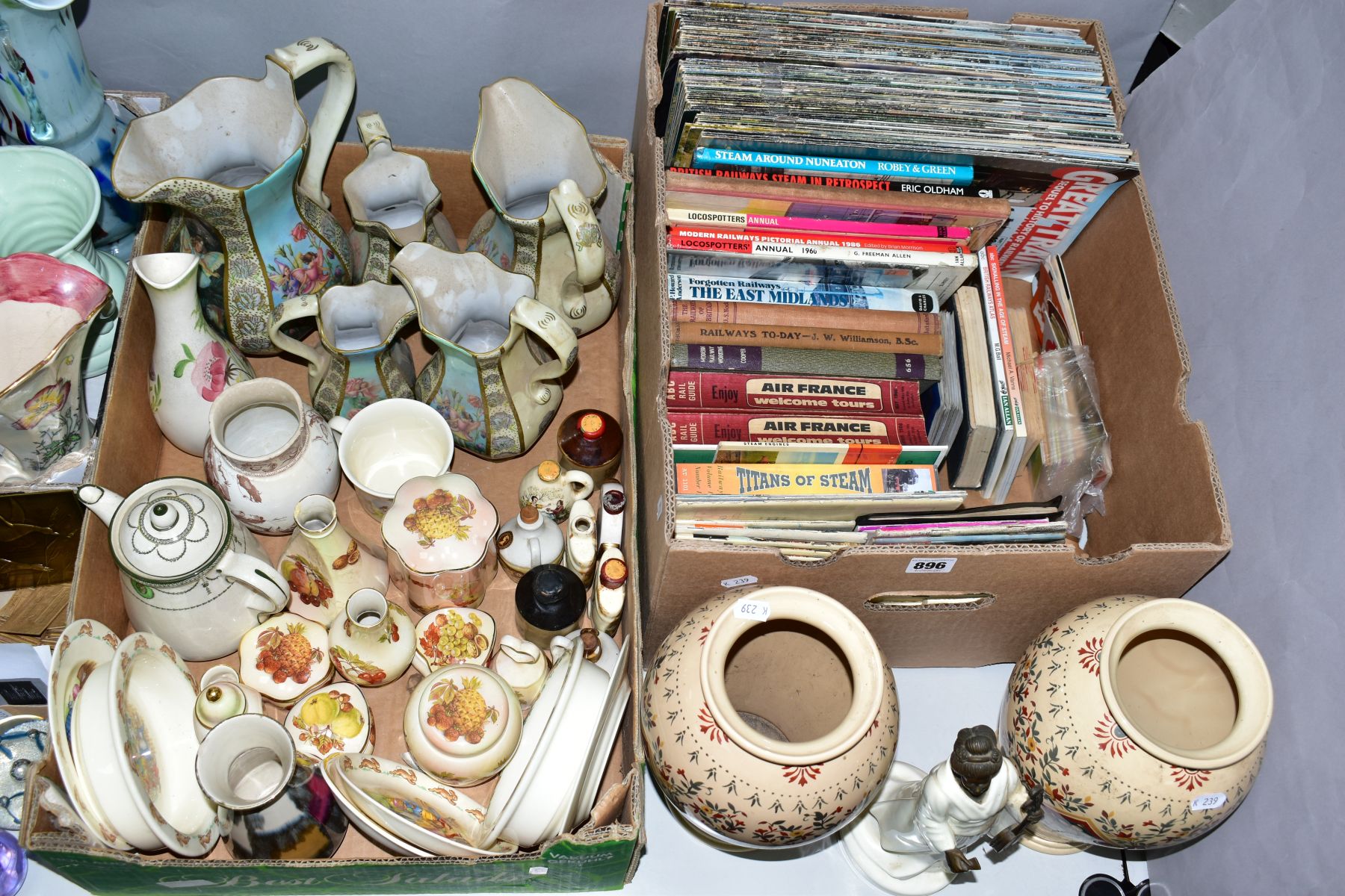 TWO BOXES AND LOOSE CERAMICS, SUNDRIES ,etc, to include a quantity of railway books and ephemera,