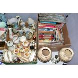 TWO BOXES AND LOOSE CERAMICS, SUNDRIES ,etc, to include a quantity of railway books and ephemera,
