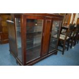 A MODERN MAHOGANY DISPLAY CABINET with two glazed doors flanking a central wooden panel, width 104cm